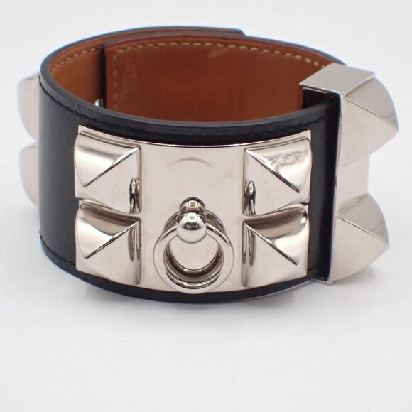 HERMES Jewelry - HERMES Collier de Chien Bracelet Bangle Leather Black Size S France 76RL692